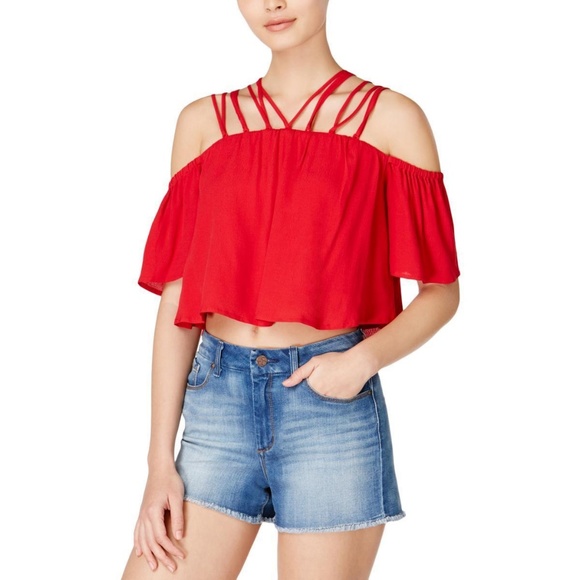MINKPINK Strappy Neck Cold Shoulder Blouse Red M - Picture 1 of 7